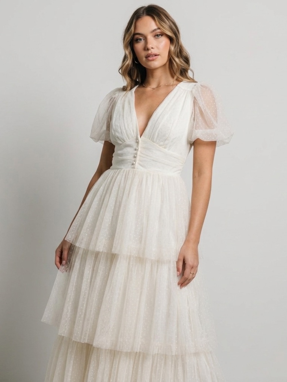 NWT In Loom Baticborn Cream Tulle Tiered Midi Dress Fairy Princess Women’s S